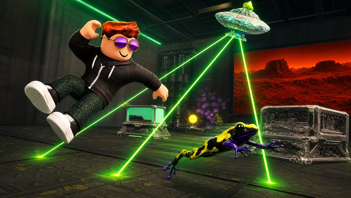 Artwork of the player mid-dodge between alien saucer laser beams