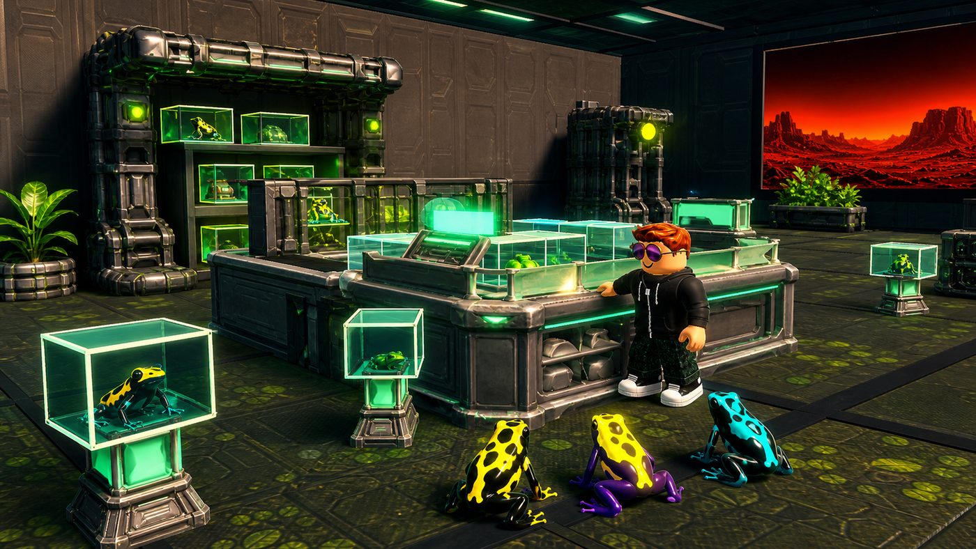 Artwork of the pet shop — collected dart frogs beside glowing terrariums