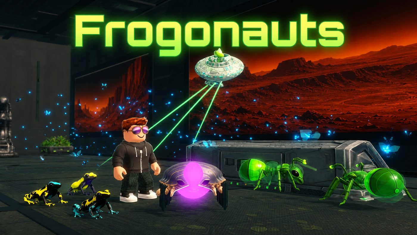 Frogonauts official key art — a player in shades with dart-frog pets, an alien saucer firing lasers, and giant green ants under the Mars window