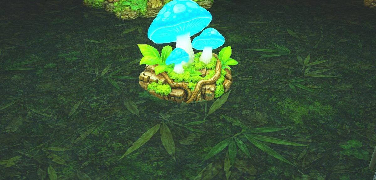 Bioluminescent blue mushrooms glowing on a mossy pedestal in the night jungle