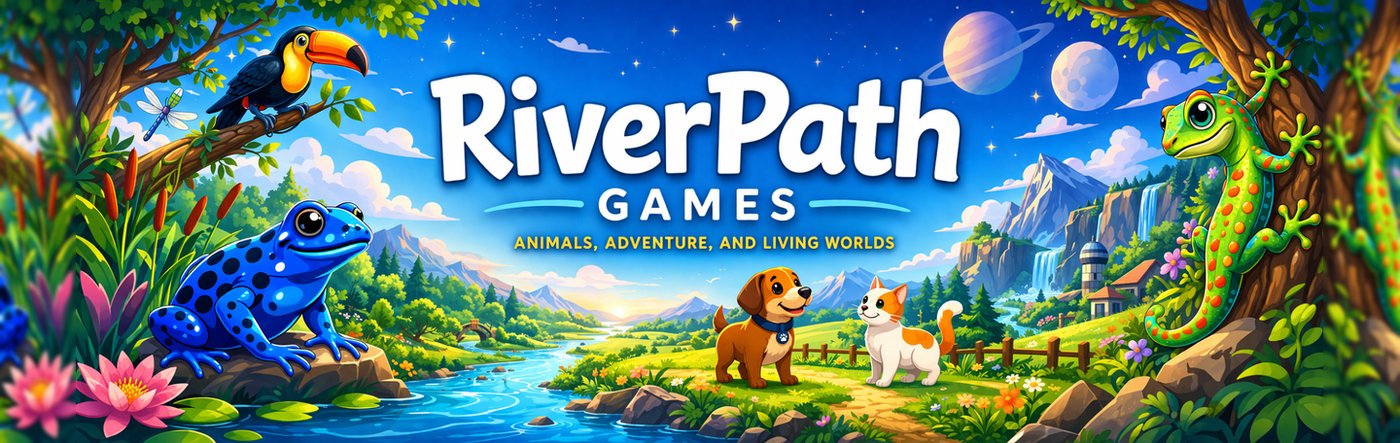 RiverPath Games — animals, adventure, and living worlds: a frog, toucan, gecko, dog, and cat around a river landscape