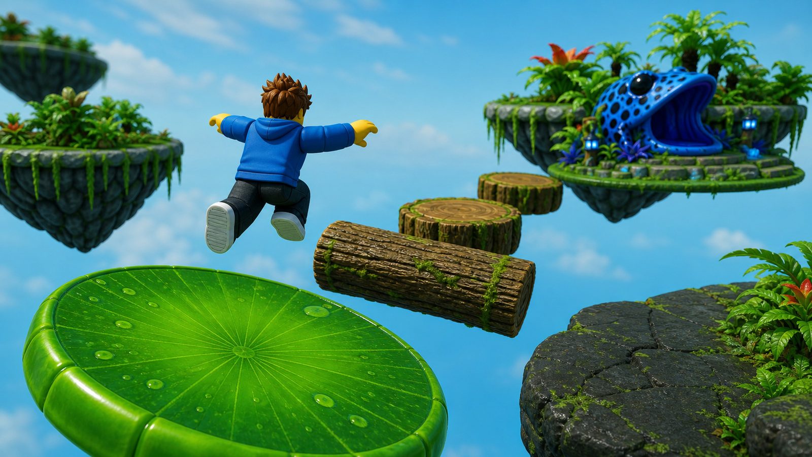 A player mid-jump between lilypads and log platforms on a floating obby route toward a blue frog gate