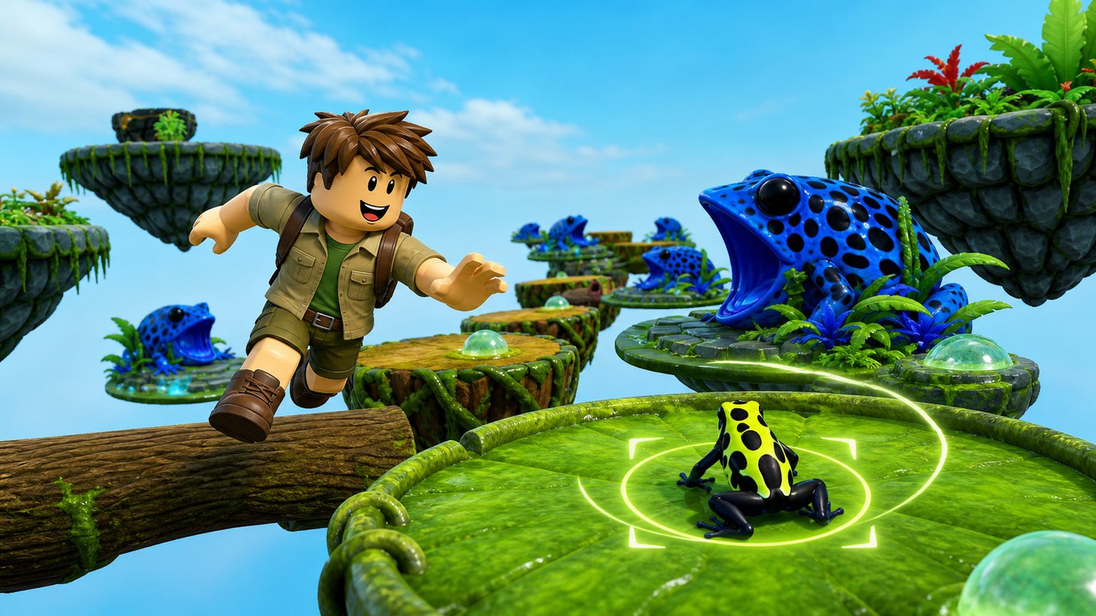 A jungle explorer leaps from a mossy log toward a poison dart frog on a lilypad, floating islands and giant blue frogs beyond