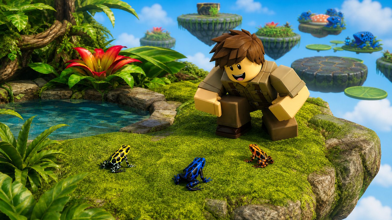 An explorer studies three poison dart frogs beside a jungle pool full of lilypads